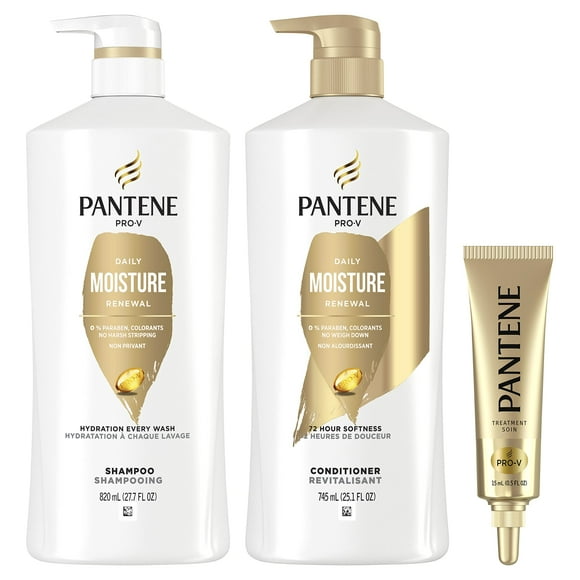 Pantene Shampoo 820 mL, Conditioner 745 mL and Hair Treatment Set 15 mL, Daily Moisture Renewal For Dry Hair, Safe For Color-Treated Hair, 1.58 L Total