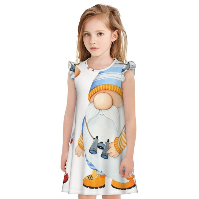 Fotbe Gnome Camping Fishing Vestido de Dormir para Niñas de 3 a 10 Años, Mangas Cortas, Estilo Princesa, Pijama Camisón con Mangas Voladas-X-Large