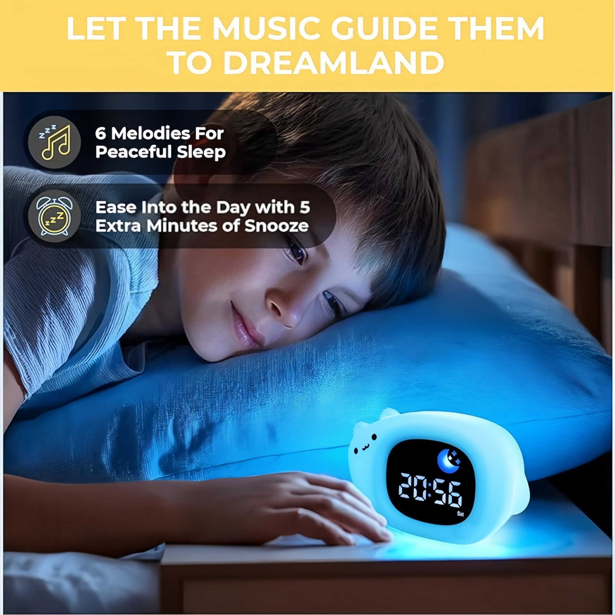 Children's Alarm Clock - Toddler Sleep Training Alarm Clock, Rechargeable Sleep Aid with Soft Night Light and Touch-Activated Function, Sleep Companion for Boys and Girls