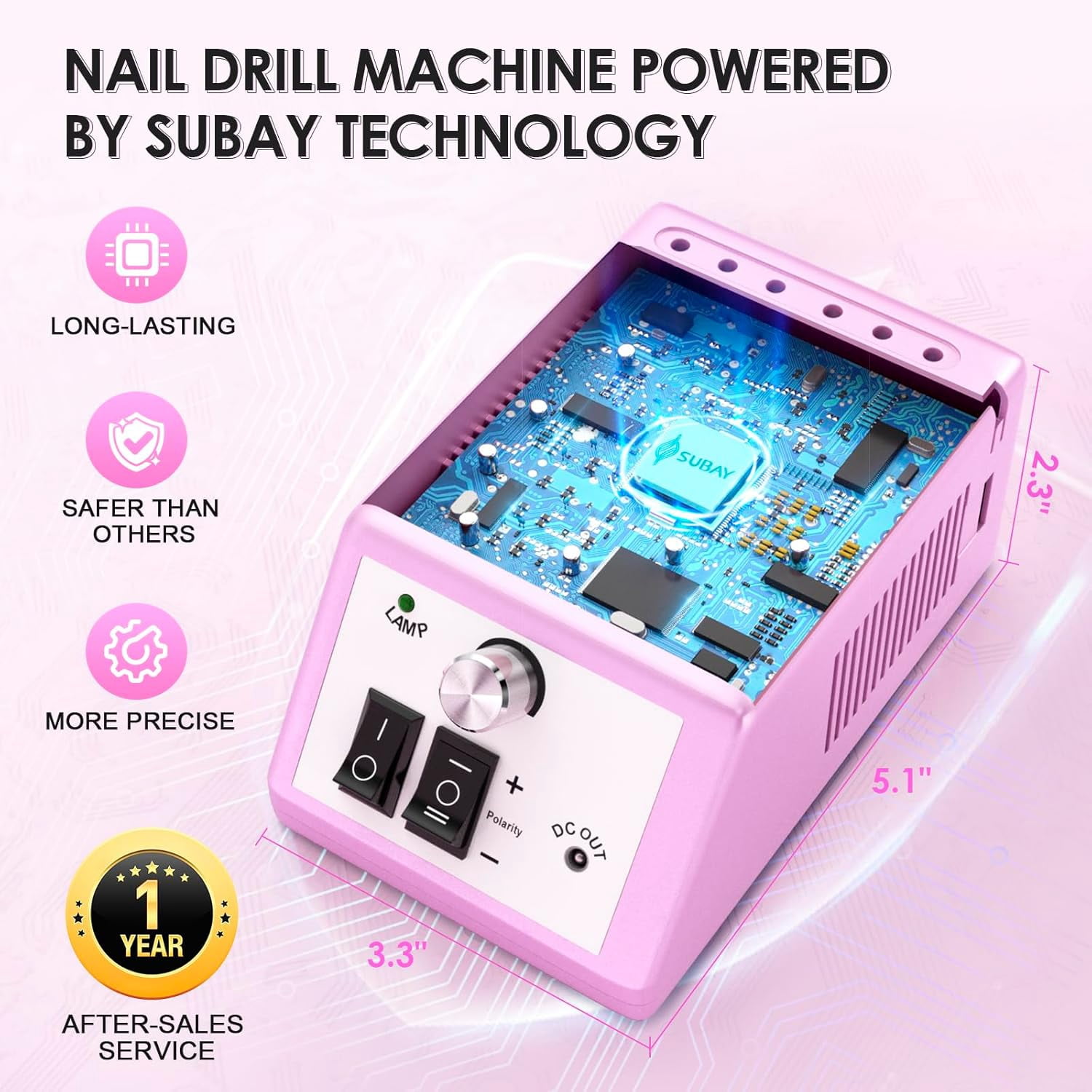 Professional Electric Nail Drill Kit, 30000 RPM Manicure Pedicure Machine with 6 Bits & 100 Sanding Bands, Pink