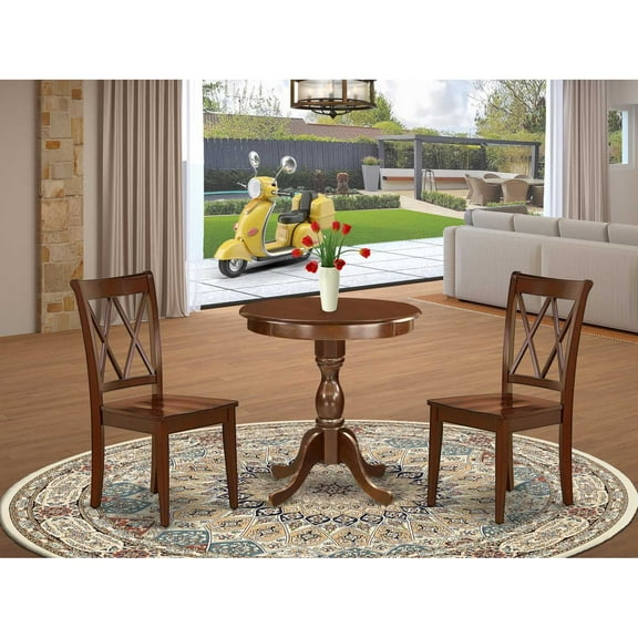 East West Furniture - ESCL3-MAH-C - 3-Pc Dining Room Table Set - 2 Mid Century Cushion Seat Chairs - 1 Dining Room Table (Mahogany Finish)