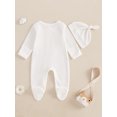 thumbnail image 6 of Suealasg Newborn Baby Fall Footed Romper Solid Color Waffle Long Sleeve Crew Neck Zipper Jumpsuit with Hat, 6 of 9