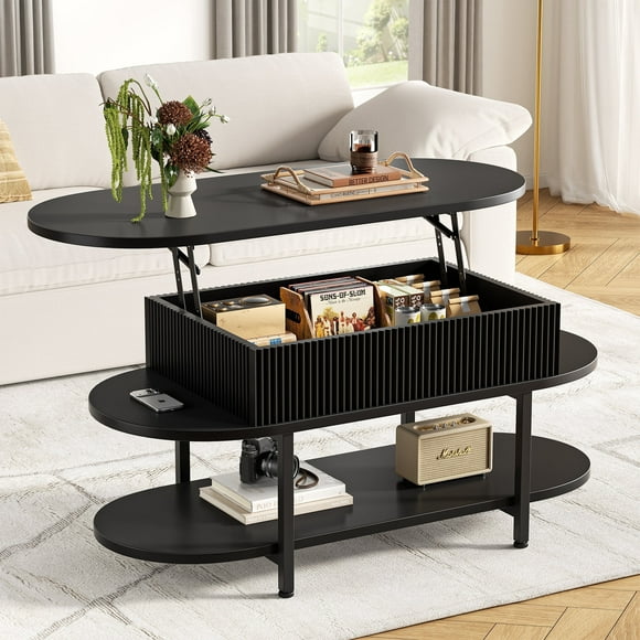 GUNAITO Table Basse à Plateau Relevable avec Rangement, Table Centrale Moderne Style Ferme avec Tablette à 2 Niveaux pour Salon, Noir