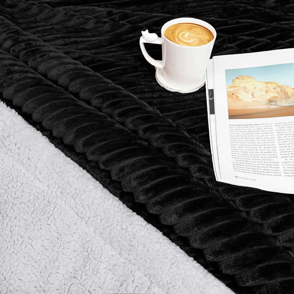 PAVILIA Reversible Sherpa Fleece Throw Blanket Black, Plush Flannel Throw, Ultra Soft Warm Ribbed Microfiber Blanket for Sofa Couch Bed, Luxury Thick Striped Blanket, Black, 50x60