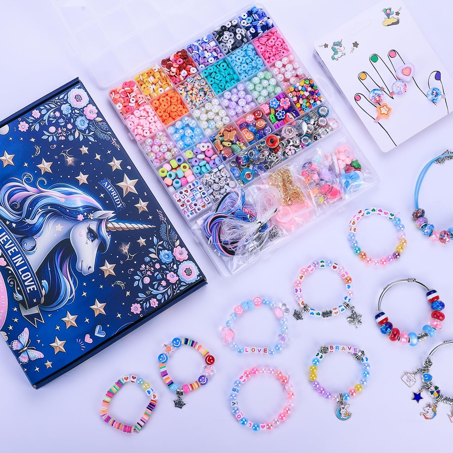 3200 Pcs Unicorn Jewelry Activity Kit,Clay Beads Bracelet Making Kit,Flat College Style Beading for Friendship Jewelry Making,Crystal Time Gem Ring Gifts,DIY Crafts for Teen Girls(Sapphire blue)