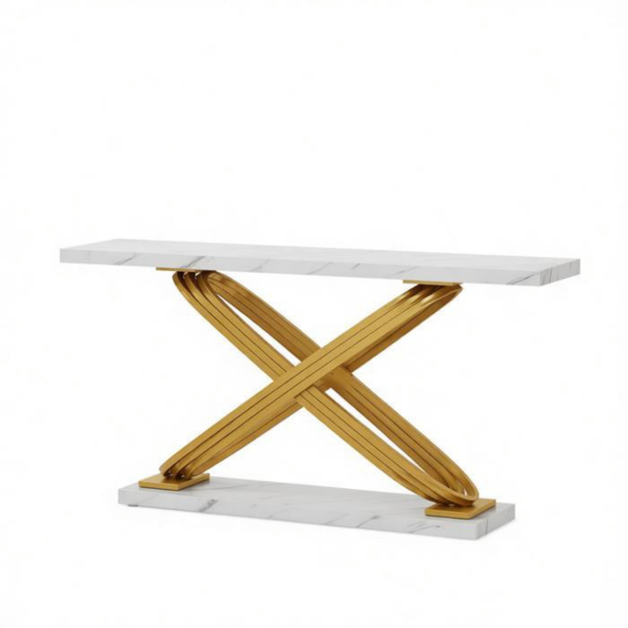 Long Console Table, White Faux Marble Top with Golden Metal X-Frame, 59.06 in