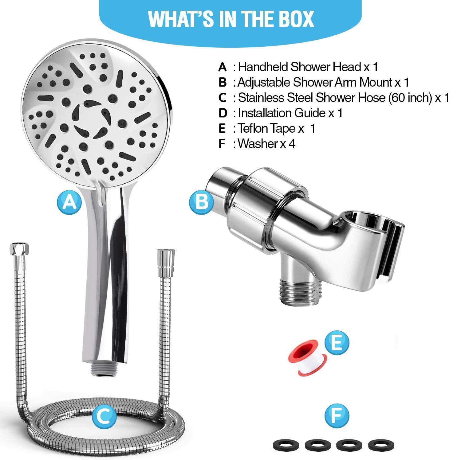 AQwzh High Pressure Handheld Shower Head – 9 Spray Modes with 60 Inch Hose (Chrome)