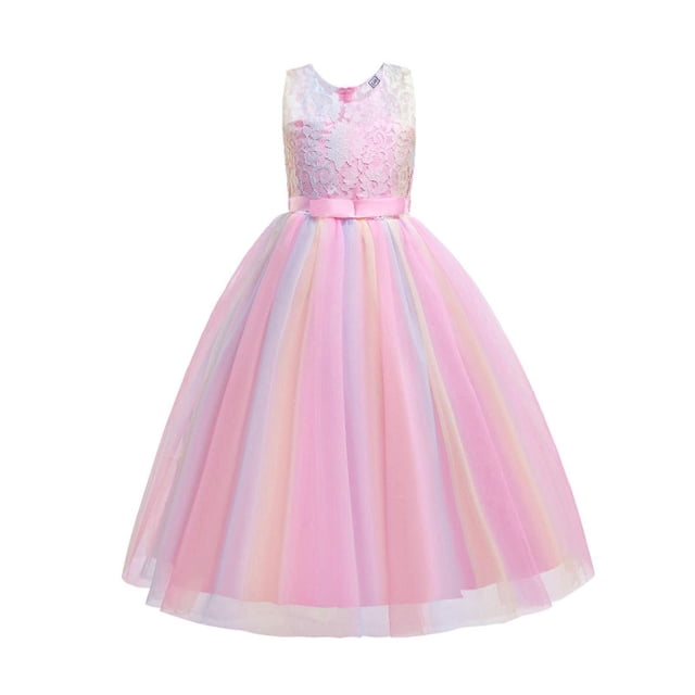 New Upgrade Rainbow Flower Girl Lace Dress for Kids Wedding Bridesmaid Pageant Party Prom Formal Ball Gown Princess Tulle Dresses