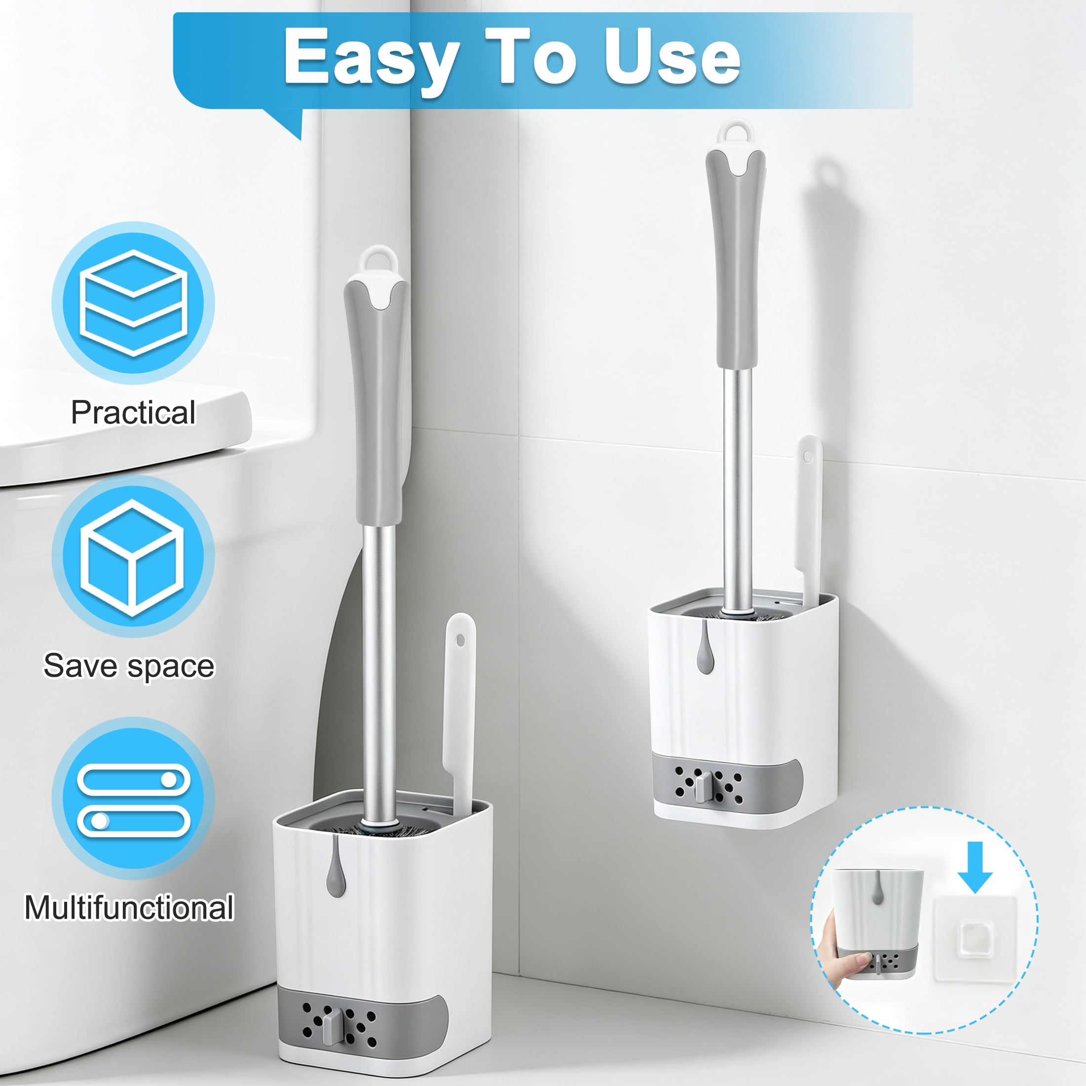 2 Pack Toilet Brush and Holder Set with Side Mini Brush, Toilet Brush Set with Drainage Drawer, Wall Mount & Freestanding Bathroom Toilet Cleaner Brush, Long Handle Toilet Bowl Cleaning Brush