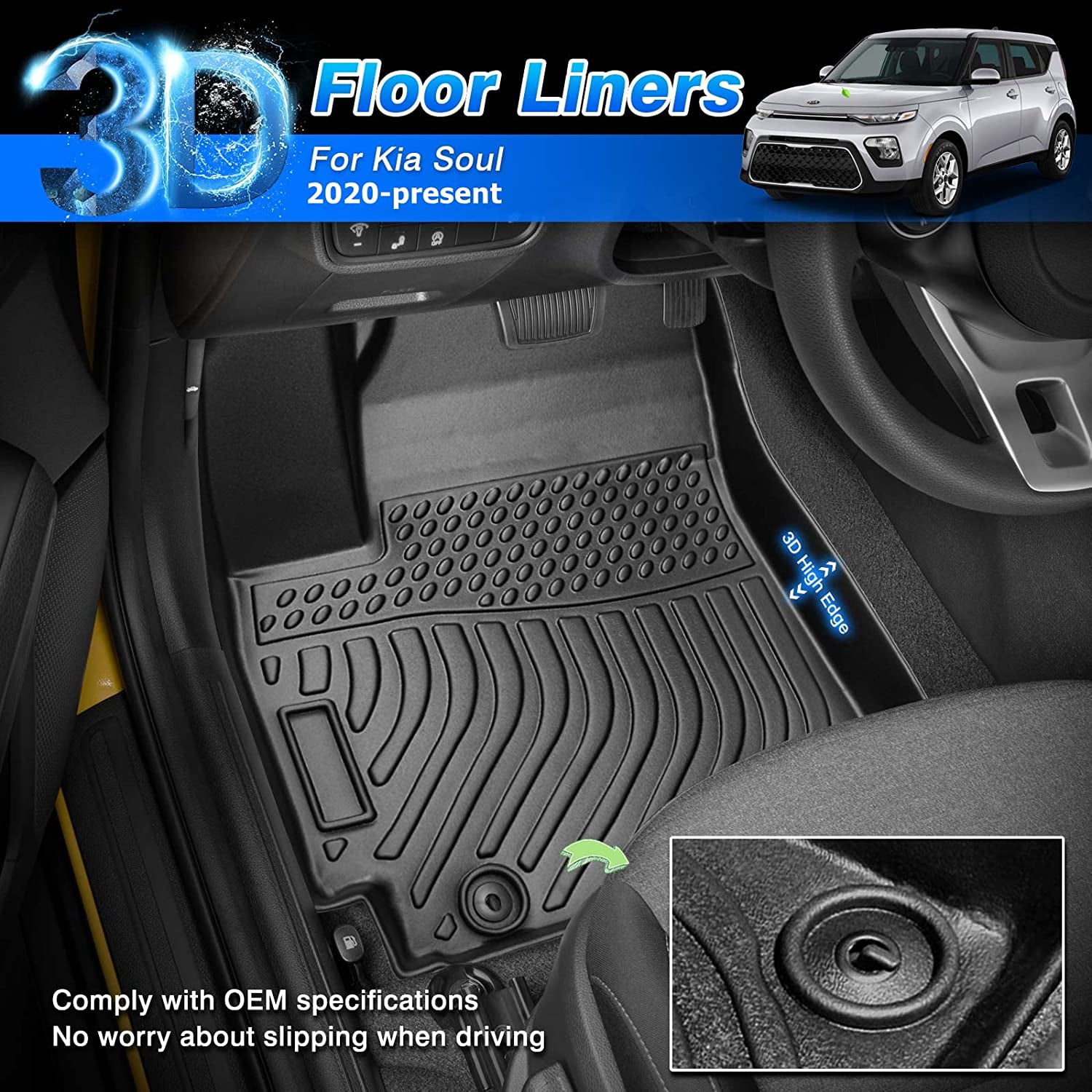 Canvcle Floor Mats for Kia Soul 2020-2025 2026 (Fit for Fuel), All Weather Floor Liner for Soul Accessories Car Floor Mat Heavy Duty Waterproof