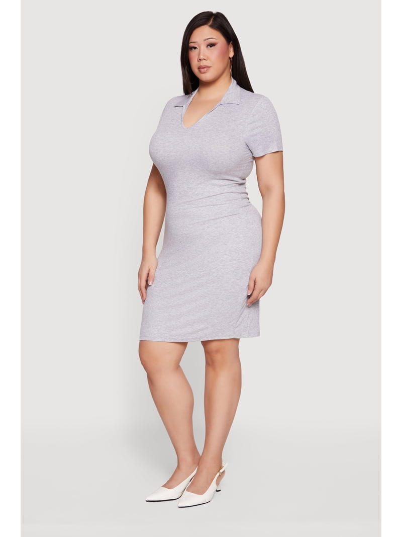 Women's Plus Size Ribbed Knit Johnny Collar Dress