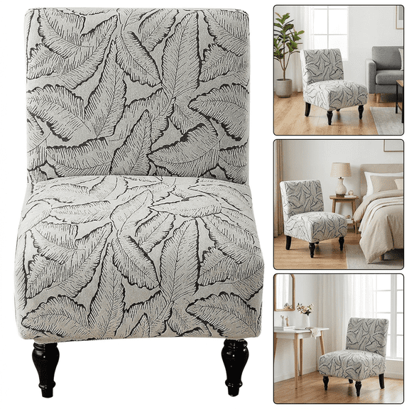 Armless Chair Cover, Stretch Wing Back Chenille Jacquard Printed Chair Slipcover, Soft Washable Seat Covers for Chairs, Stretch Chair Covers, Furniture Protector for Slipper Chair, Grey Leaf Print