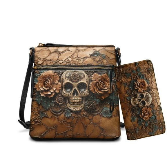 ZUXONGSY Skull Rosette Print Hobo Bag and Wallet Set for Women Lady, Leather Crossbody Satchel Purse and Wallet Set Multi Pocket Shoulder Messenger Purse with Adjustable Strap