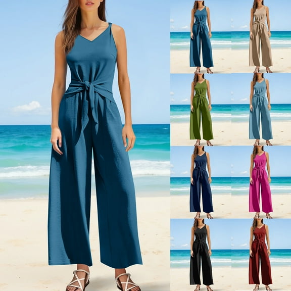 ZZwxWA Women's Summer Jumpsuits Sleeveless Tie Knot Wide Leg Long Pants Romper with Pockets Solid Color