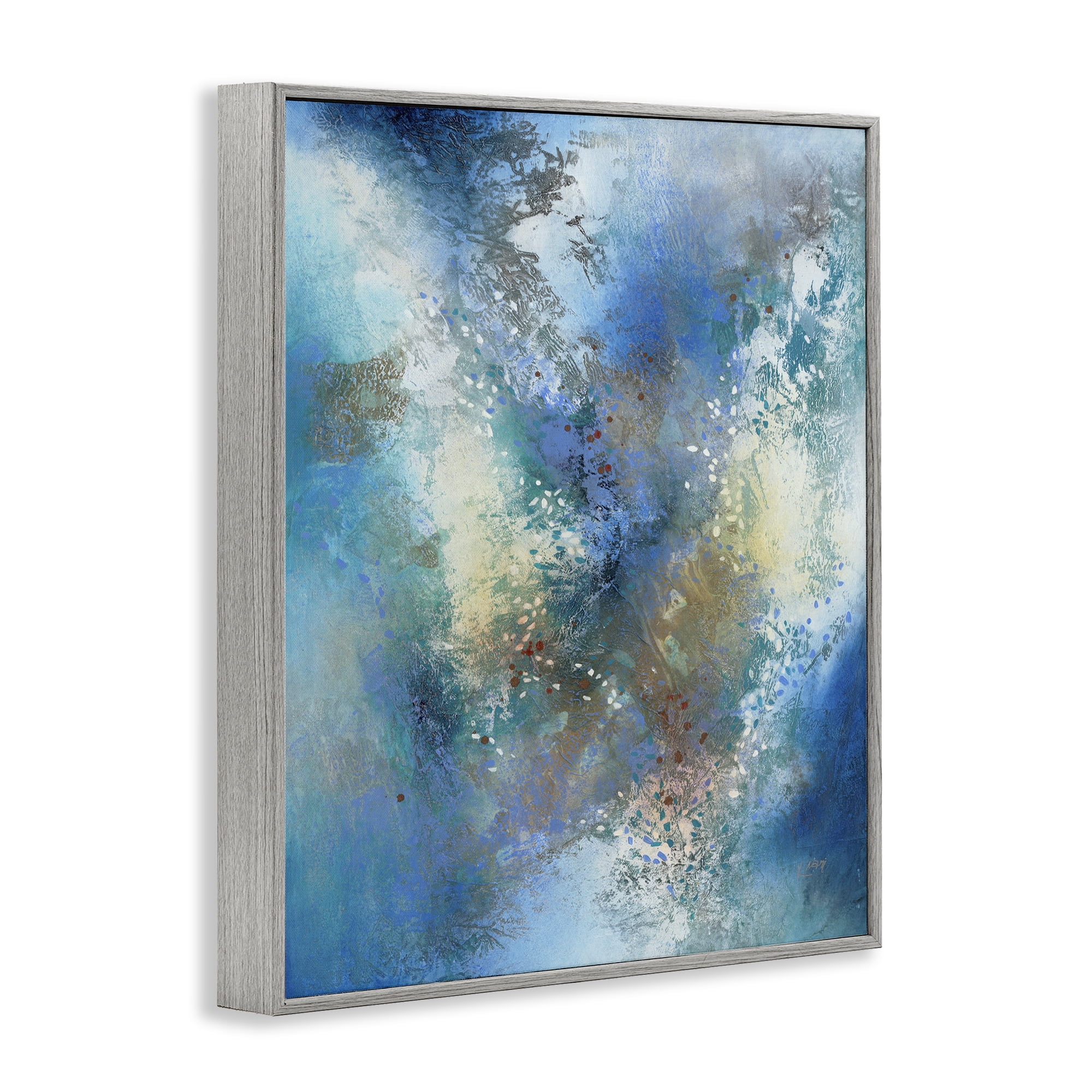 Stupell Industries Fluid Blue Abstraction Abstract Painting Gray Framed Art Print Wall Art, 16 x 20