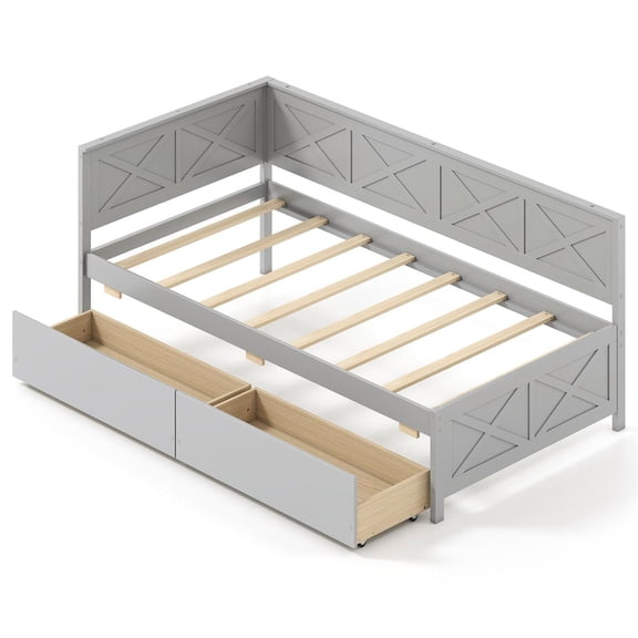 Spaco Twin Size Daybed, 2 Storage Drawers & Trundle, Plywood Slats Support, High Guardrails, Suitable for Guest Rooms & Small Spaces, Gray