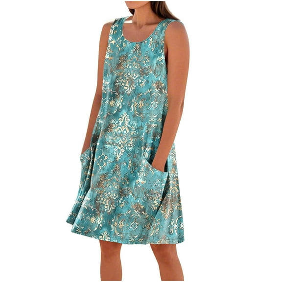 Drses Women's Floral Print Sundress - Sleeveless Crew Neck Loose Tank Dress with Pockets, Boho Beach Casual Swing Style
