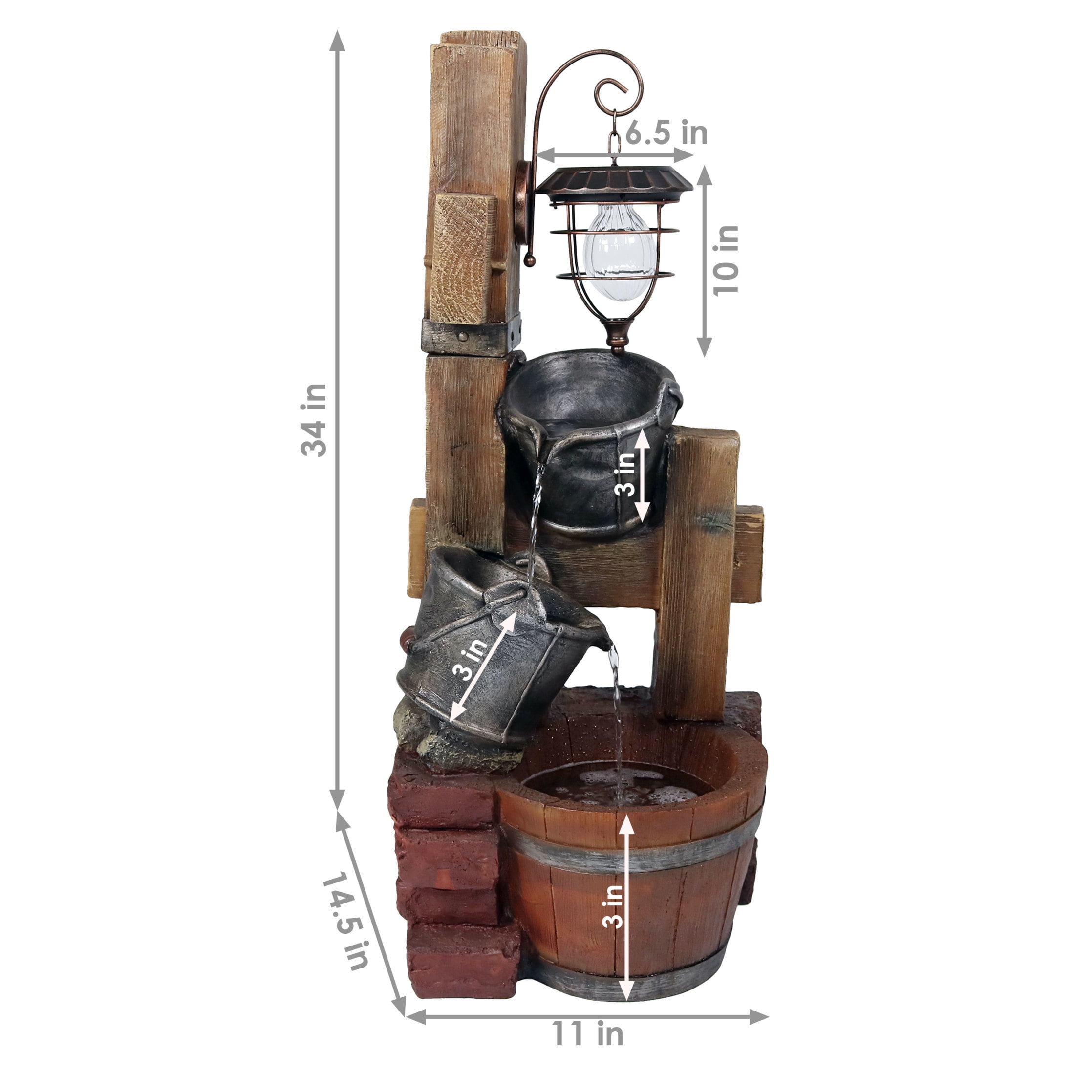 Sunnydaze Rustic Pouring Buckets Outdoor Water Fountain with Solar Lantern - Waterfall Fountain & Backyard Water Feature for Patio, Yard, & Lawn - 34 Inch Tall