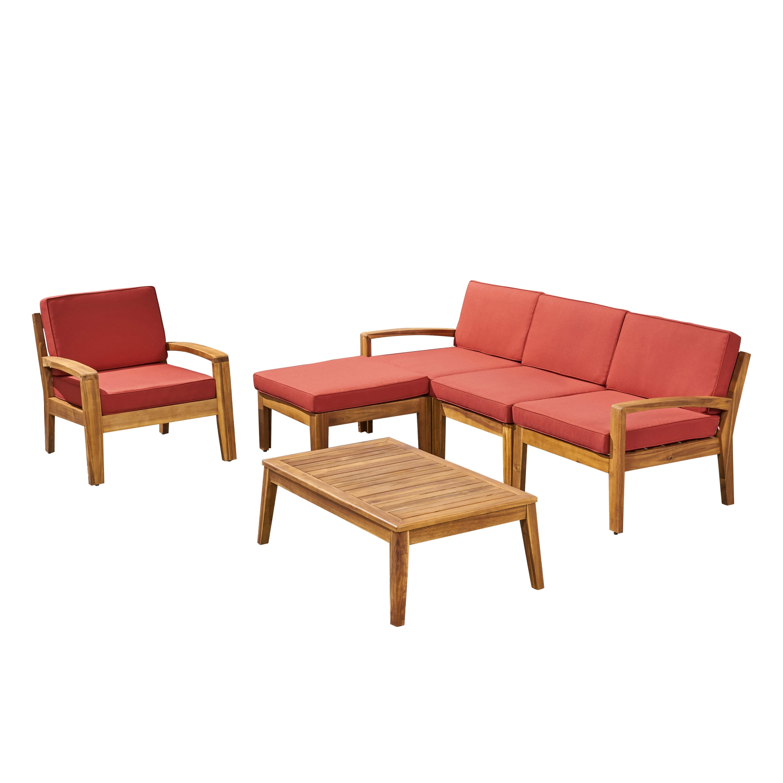 Wilcox Outdoor 6 Piece Acacia Wood Sectional Sofa Set with Cushions, Teak, Red