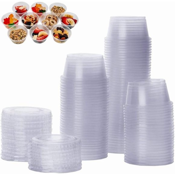 FUNNTY Clear cup with a lid,Mini Containers can be used to hold Condiment, Souffle,Meal Prep,Sauce Containers,Jello Shot Cups, fruit,nut,snacks etc (100 Sets-2 oz).