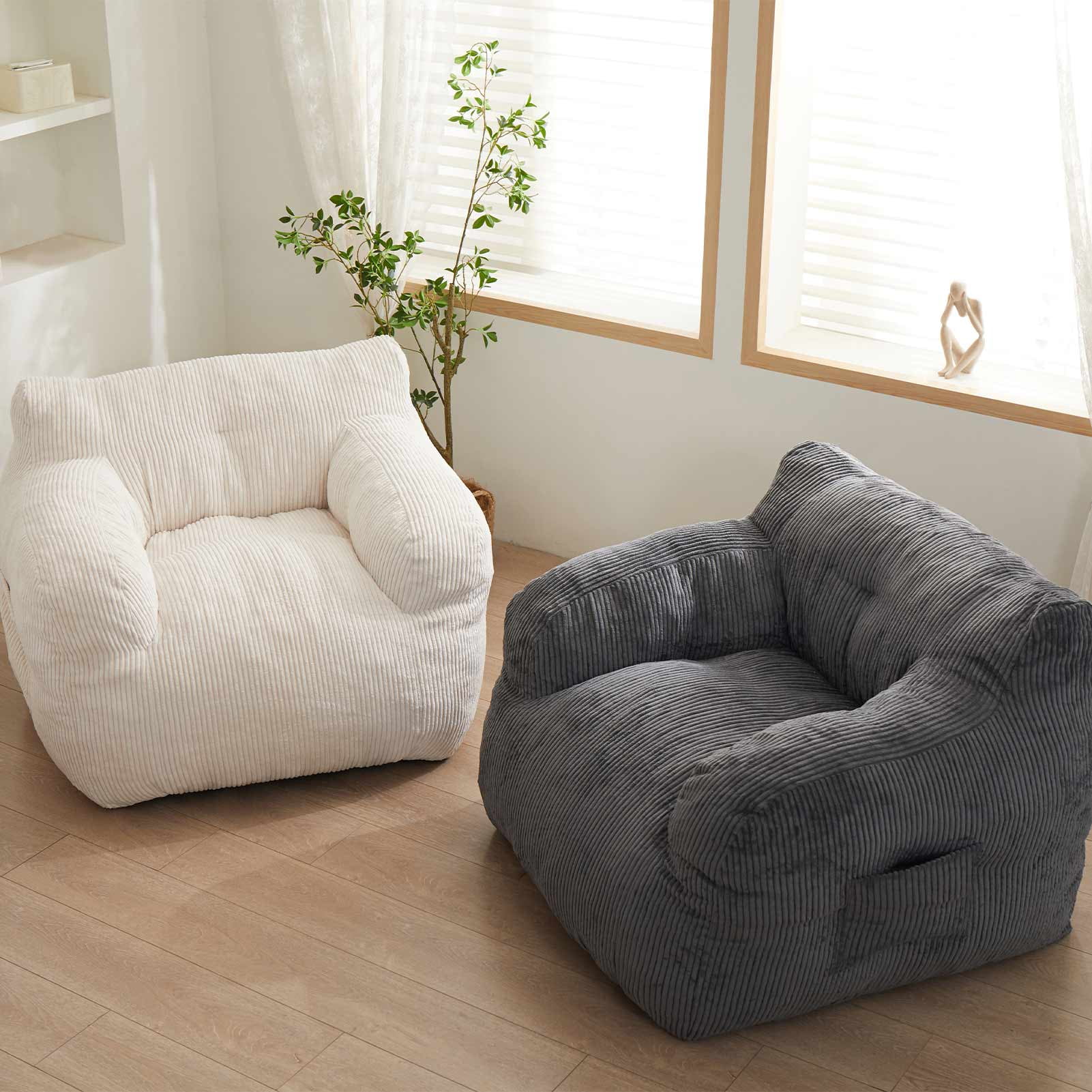 GOODONE Giant Bean Bag Chairs for Adults,Big Comfy Chair Sofa for Bedroom Living Room, Large Lazy Bean Bag Chair with Pocket Armrests for Gaming, Reading,Beige,L