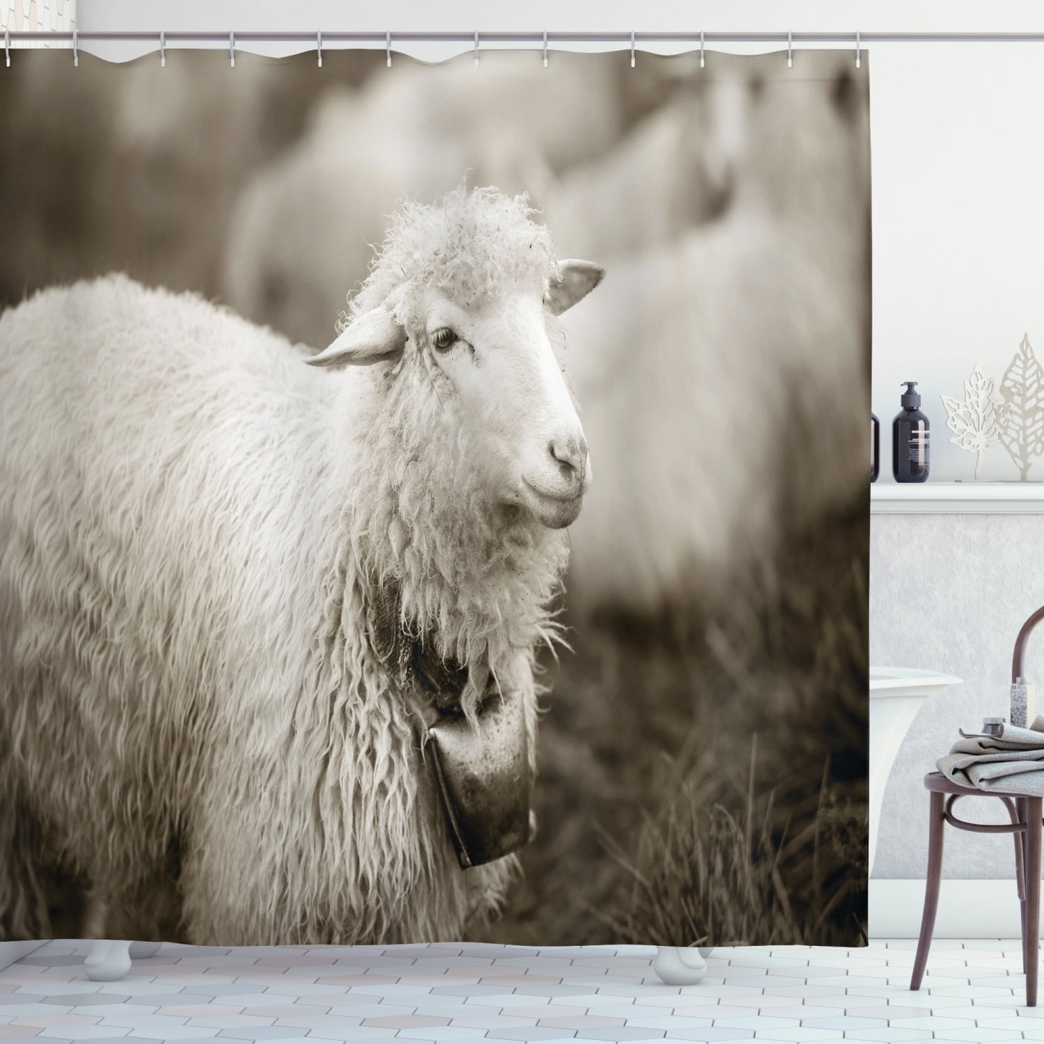 Sheep Shower Curtain, Fluffy Wooly Sheep with a Bell in the Wild