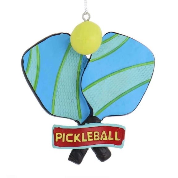 Bright Blue & Green Pickleball Paddle and Ball Ornament – 3.75" Resin Sports Christmas Decoration