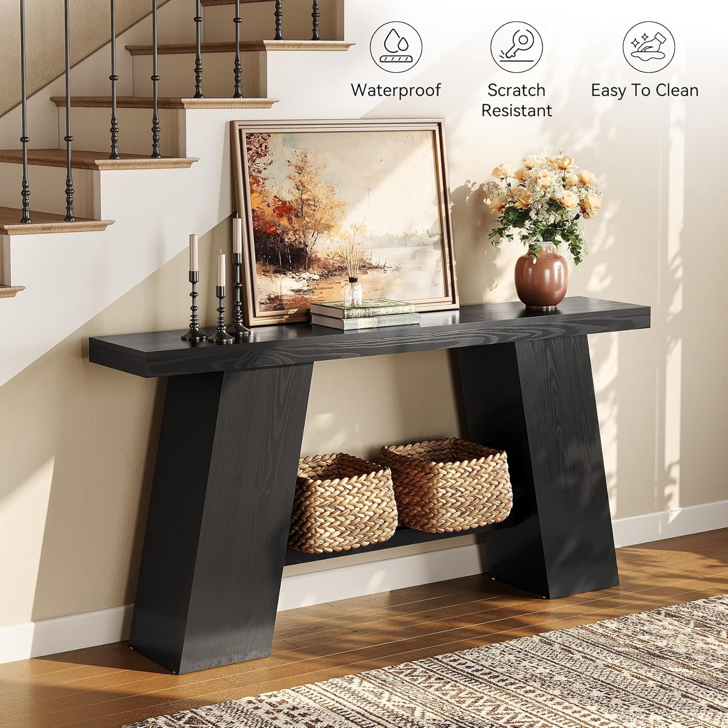 Finmind 70.8-Inch Long Black Console Table for Entryway, Narrow Modern Sofa Table for Entry, Hallway, Behind Couch, Living Room, Foyer, Entrance, Front Door