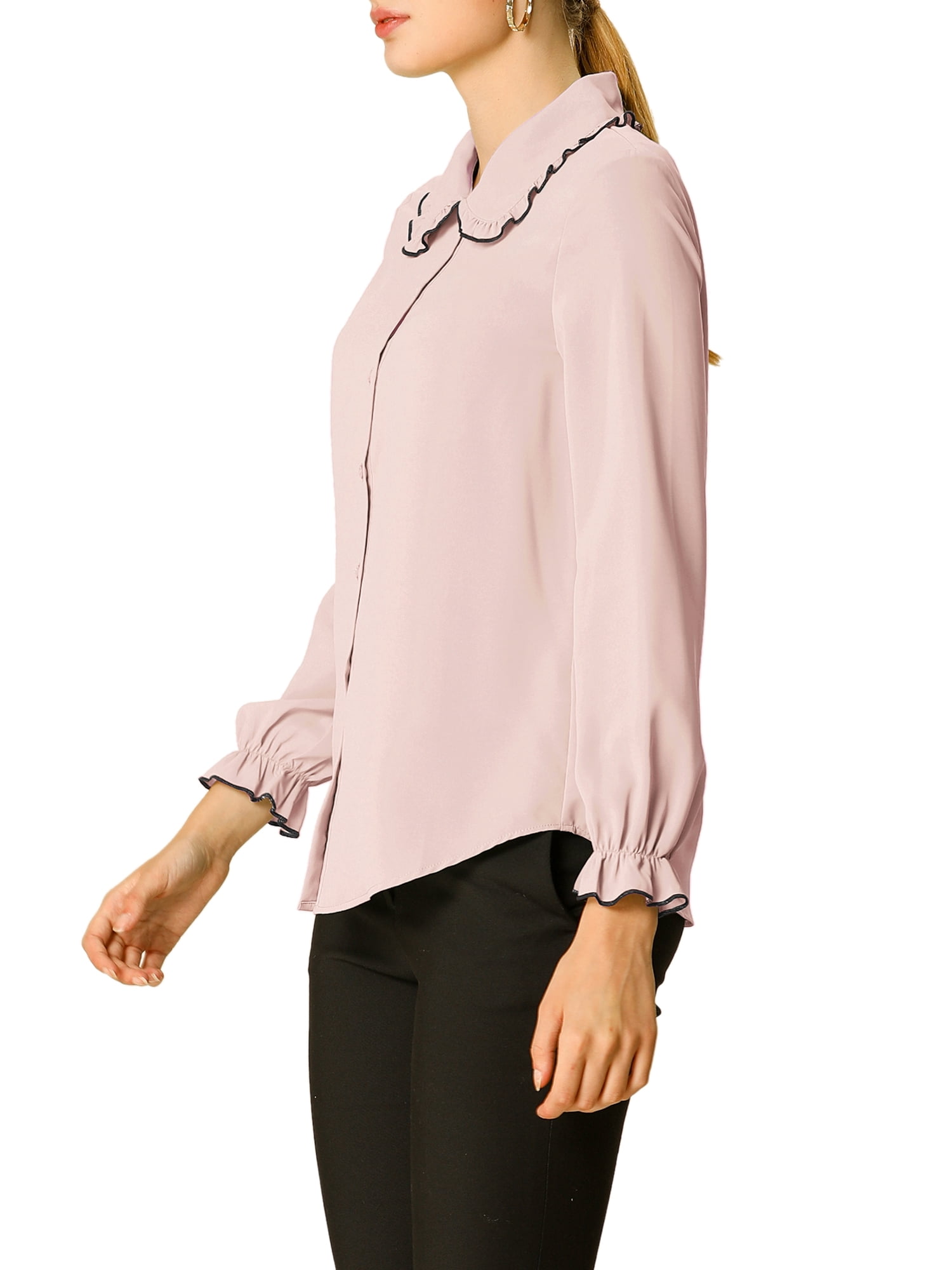 DARING DIVA Women's Peter Pan Collar Ruffle Long Sleeve Shirt M Pink