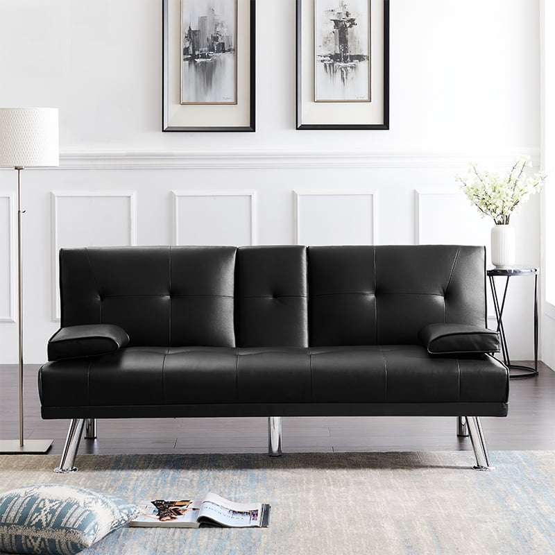 Piscis Modern Futon Sofa Bed, Faux Leather Sofa with Cup Holder, Fold Up & Down Recliner Couch 