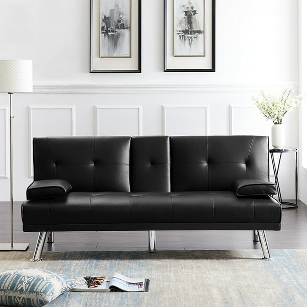 Piscis Modern Futon Sofa Bed Faux Leather Sofa With Cup Holder Fold Up Down Recliner Couch For Home Office Furniture Small Space Black Walmart Com