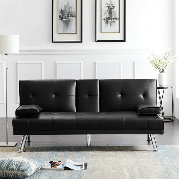 Piscis Modern Futon Sofa Bed Faux, Black Leather Sofa Bed With Cup Holder