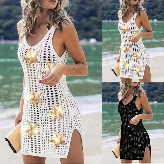CFLVAEK Crochet Cover Up for Women Swimsuit Bathing Suit Summer Swimwear Mesh Knit Beach Dress Hollow Out Swim Cover Up Side Split XL