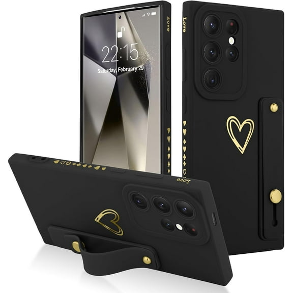 Designed for Samsung Galaxy S24 Ultra Case with Phone Stand Holder Cute Love Hearts Protective Camera Protection Cover with Wrist Strap for Women Girls for Galaxy S24 Ultra 6.8"-Black