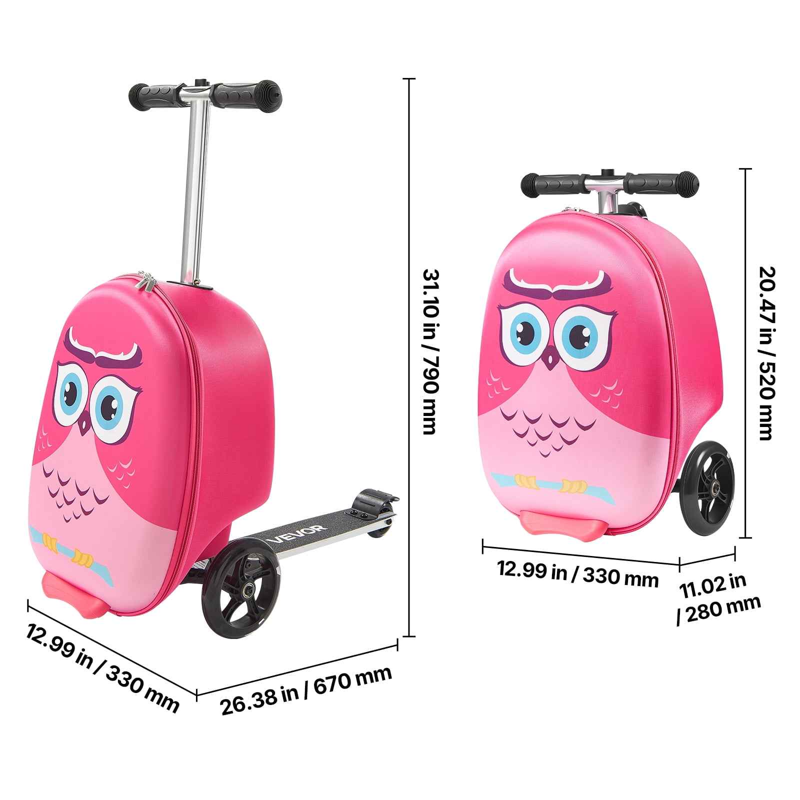 VEVOR Ride-on Luggage, 20 L Capacity, 20 Inches Kids Scooter Suitcase with Flash PU Wheels, Adjustable Handle & TPR Non-Slip Grip, Foldable & Lightweight Scooter Luggage for Kids Aged 5+, Pink