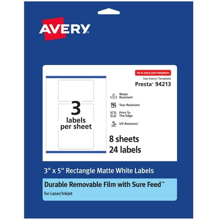 UPC: 0194793902006 | Avery Durable ID Labels with Sure Feed  3  x 5   24 White Labels  Print-to-the-Edge  Removable Label Adhesive  Laser/Inkjet Printable Labels