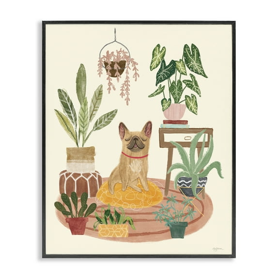 Stupell Industries Pug Dog with Plants Animals & Insects Painting Black Framed Art Print Wall Art, 11 x 14