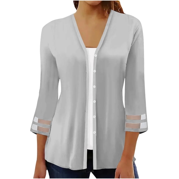 fartey Womens Button Down Cardigan Coat Dressy 3/4 Sleeve Solid Color Kimono Tops Slim Fit Casual Beach Vacation Cover Ups Tshirts