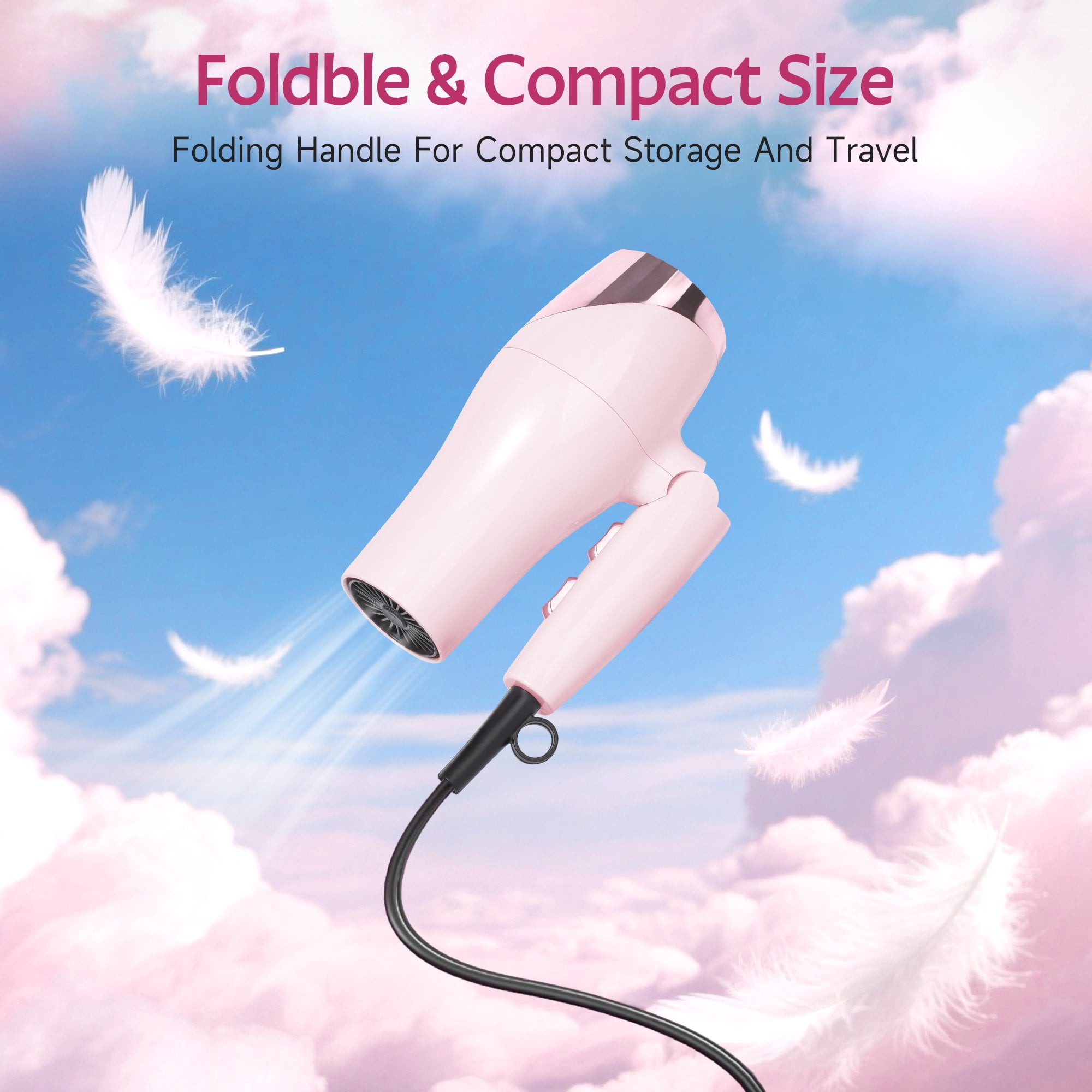 Morfone Hair Dryer, Negative Ionic Foldable Blow Dryer for Fast Drying, Thermo-Control Compact Hair Blow Dryer with Hair Diffuser, Pink
