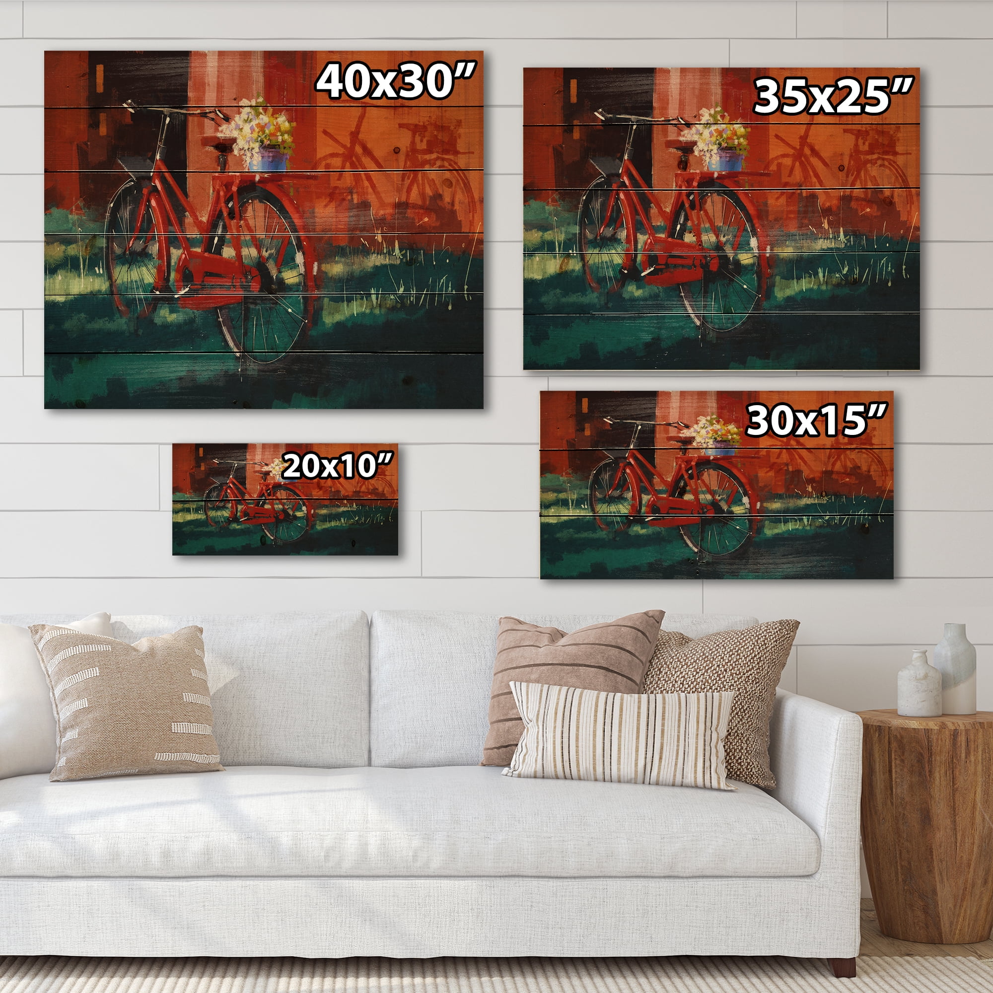 Designart 'Red VIntage Bicycle With Flowers Bucket' Vintage Print on Natural Pine Wood