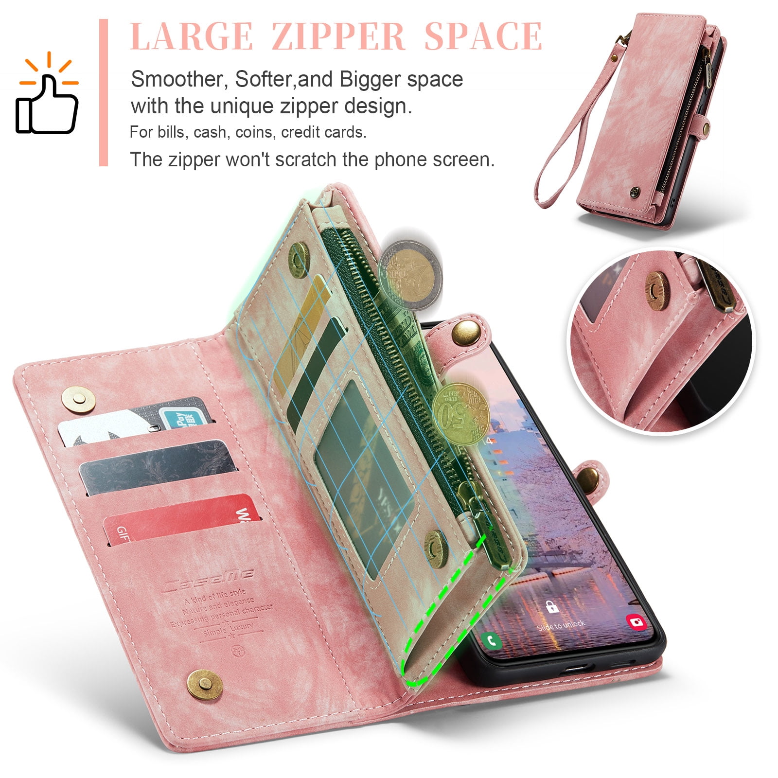 Allytech Magnetic Detachable Wallet Case for Samsung Galaxy A16 5G with Card Slots & Zipper Pocket, Support Wireless Charging, PU Leather Wrist Strap Shockproof Full Protection Flip Case, Pink