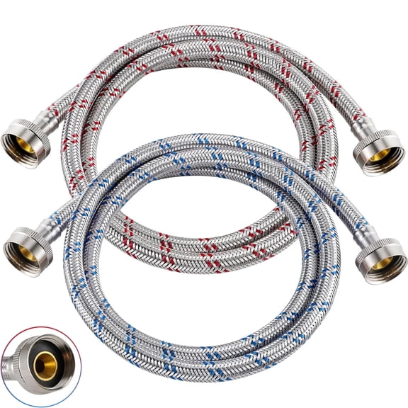 4 Ft Washing Machine Hoses, Premium Stainless Steel Washer Hoses Burst Proof 2 Packs, Hot and Cold Striped Water Supply Hoses for ALL Washing Machine