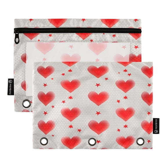 2 Pack 3 Ring Binder Pouch with Clear PVC Window Water Resistant Zipper Pencil Pouch Blush Red Love Design Binder Pocket for Classroom Office Home Stationery Organization