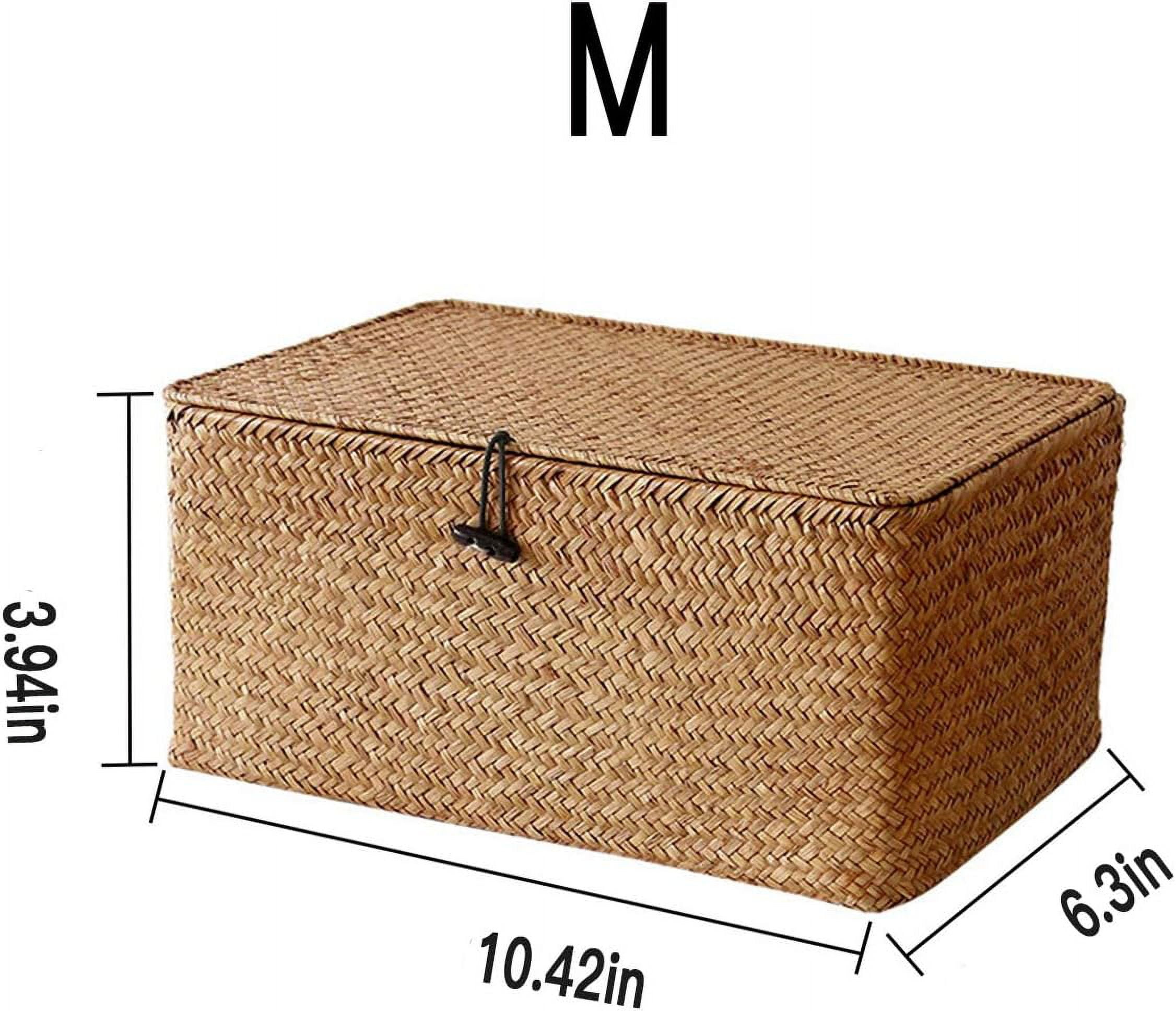 Woven Wicker Storage Basket Bin with Lid, Hand-Woven Desktop Basket,Small Home Storage Organizer Container, Rectangular Bathroom Storage Organiser Box,Multipurpose Storage Basket (Medium)