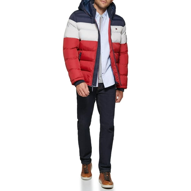 Chaqueta Tommy Hilfiger para hombre, con capucha, acolchada, medianoche, hielo y rojo