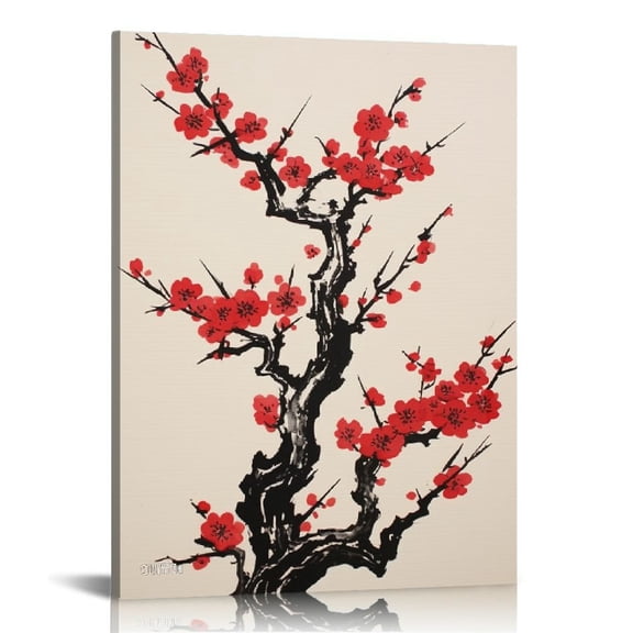 COMIO  Canvas Wall Art Red Cherry Blossoms Canvas Print Artwork Flower Ink Style Wall Art Paintings Framed Ready to Hang for Living Room Dinning Room Bedroom Bathroom Home Decor