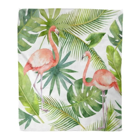 World Market Bend Or ASHLEIGH Throw Blanket Warm Cozy Print Flannel Green Tropical Watercolor of Flamingo and Palm Trees Hand Market Pink Leaf Comfortable Soft for Bed Sofa and Couch 50x60 Inches ()