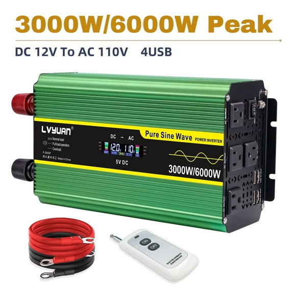 LVYUAN 3000W 6000W Pure Sine Wave Power Inverter 12V DC to 110V AC Car Converter 4 AC Outlets 4 USB Charger LCD Display with Remote Control for Vehicles, RV, Camping & Home Backup Green