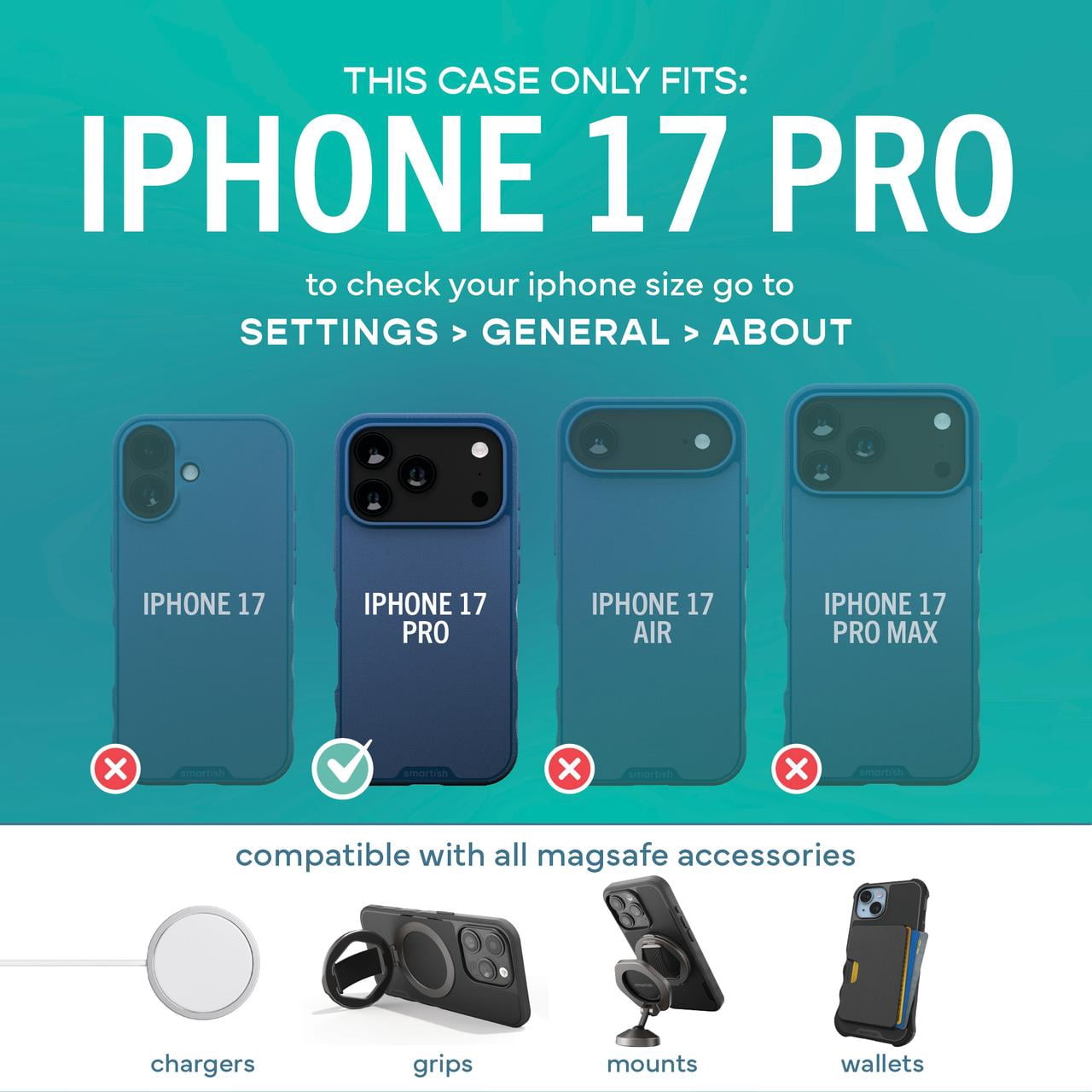 Smartish® iPhone 17 Pro MagSafe Case - Gripmunk Magnetic Slim Case [Lightweight + Protective] Thin Grip Cover with Microfiber Lining for Apple iPhone 17 Pro - Blues on The Green