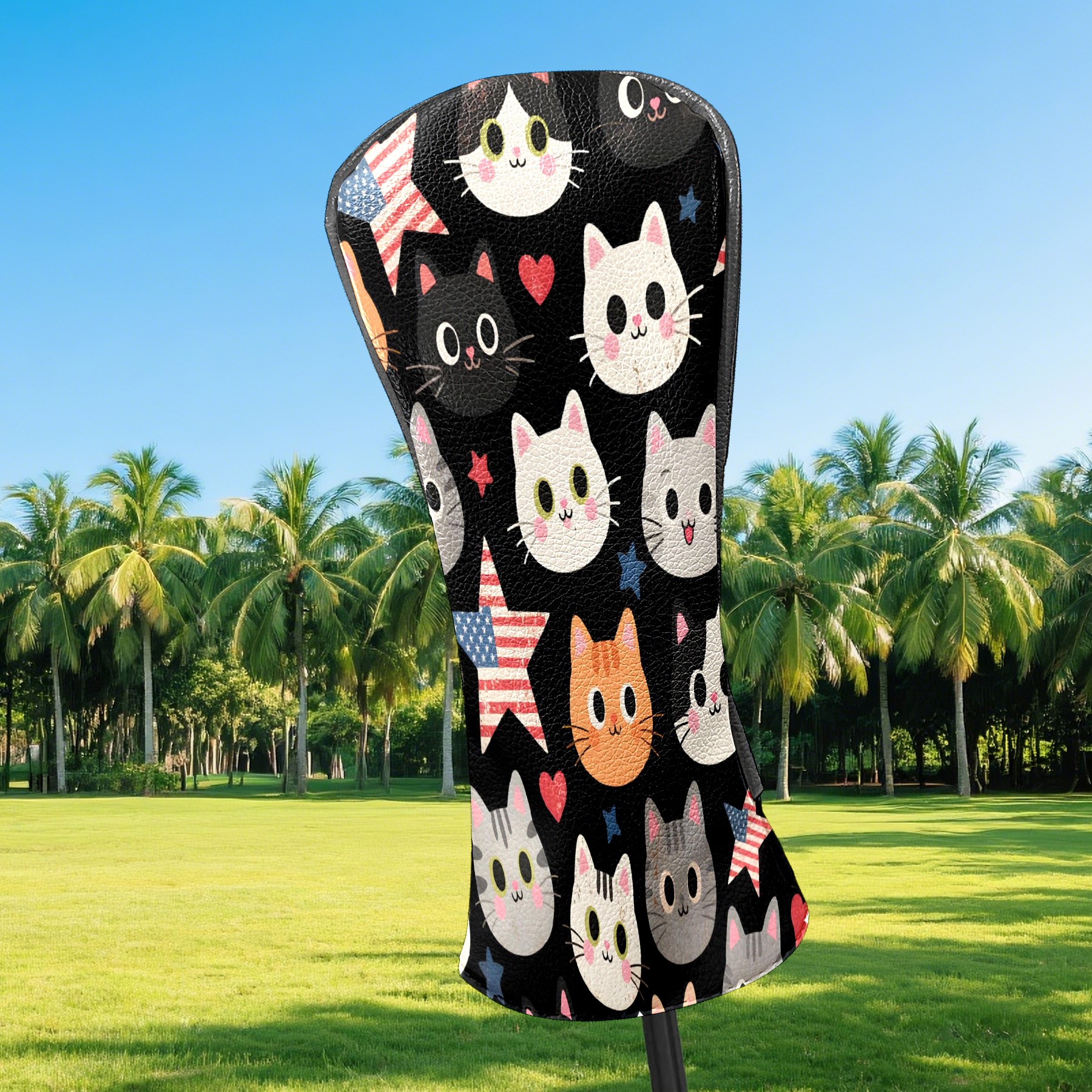 Golf Club Covers, Black Cartoon Cat Premium PU Leather Driver Hybrid Putter Head Covers with Velvet Lining, Waterproof Golf Gifts for Men Women